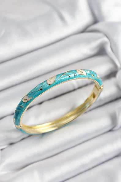 HEYF Mineli Pirinç Krem Ve Turkuaz Yaprak Motifli Gold Renk Kadın Kelepçe ürün görseli 1