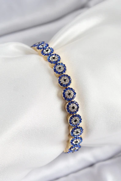 HEYF Pirinç Zirkon Taşlı Lacivert Nazar Model Gold Renk Lastikli Kadın Bileklik ürün görseli 1