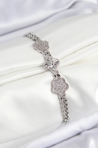 HEYF Pirinç Zirkon Taşlı Yonca Model Gümüş Renk Kadın Bileklik ürün görseli 1