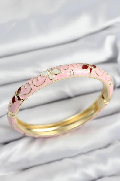 HEYF Mineli Pirinç Pembe Çiçek Motifli Gold Kadın Kelepçe ürün görseli 1