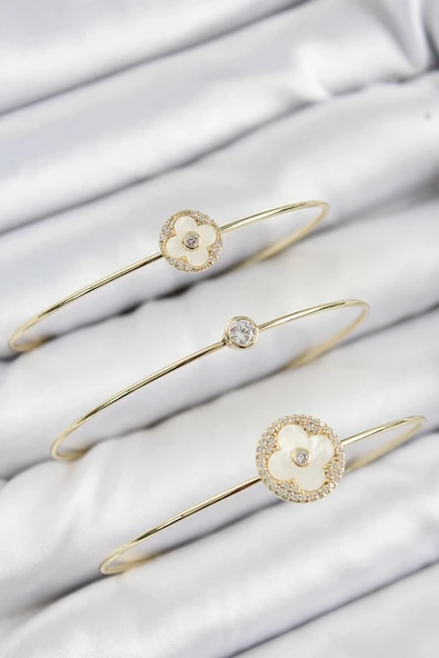 HEYF Pirinç Zirkon Taşlı Yonca Model Gold Renk Vip 3'lü Kadın Bileklik - Resim 2