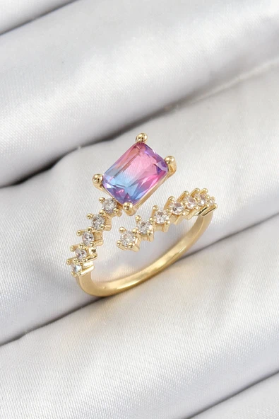 HEYF Pirinç Zirkon Taşlı Renkli Model Gold Renk Kadın Yüzük ürün görseli 1