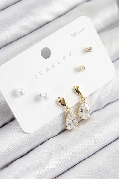 HEYF Pirinç Zirkon Taşlı Sallantılı Damla Model Gold Renk 925 Ayar Gümüş Çivi Kadın Küpe Set ürün görseli 1