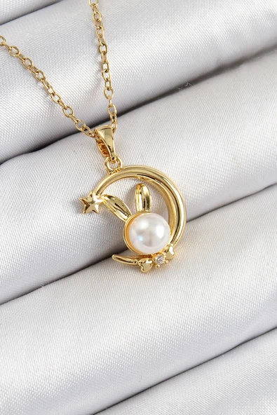 HEYF 316L Çelik İnci Detaylı Hilal Tavşan Model Gold Renk Kadın Kolye ürün görseli 1