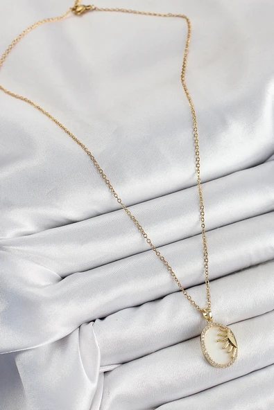 HEYF 316L Çelik Zirkon Taşlı Yarım Güneş Model Gold Renk Kadın Kolye - Resim 2