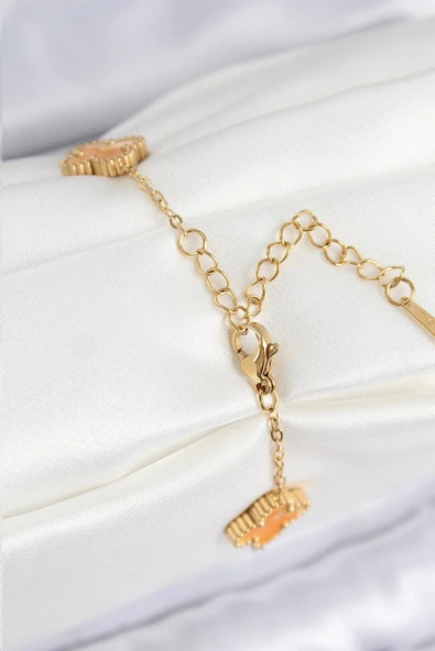 HEYF 316L Çelik Sedefli Turuncu Gold Renk Yonca Kadın Bileklik - Resim 2