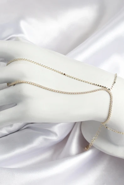 HEYF Pirinç Zirkon Taşlı Ezme Zincir Model Gold Renk Kadın Şahmeran ürün görseli