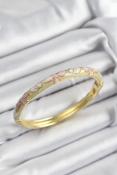 HEYF Mineli Pirinç Pembe Hardal Ve Krem Çiçek Motifli Gold Renk Kadın Kelepçe ürün görseli 1