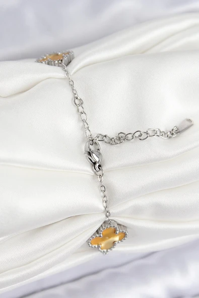 HEYF 316L Çelik Sedefli Kehribar Sarı Gümüş Renk Yonca Kadın Bileklik - Resim 2