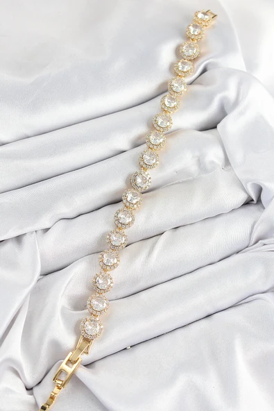 HEYF Pirinç Zirkon Taşlı Daire Baget Model Gold Renk VIP Seri Kadın Bileklik - Resim 2