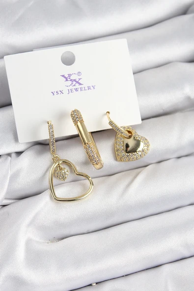 HEYF Pirinç Zİrkon Taşlı Kalp Model Gold Renk 3'lü Kadın Küpe ürün görseli 1