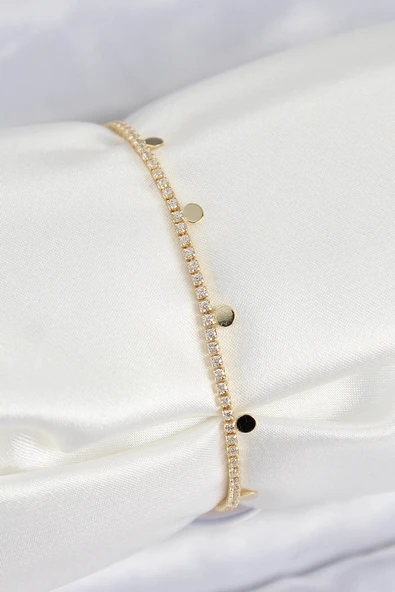 HEYF Pirinç Zirkon Taşlı Ezme Zincirli Sıralı Model Gold Renk Kadın Bilekilk ürün görseli 1