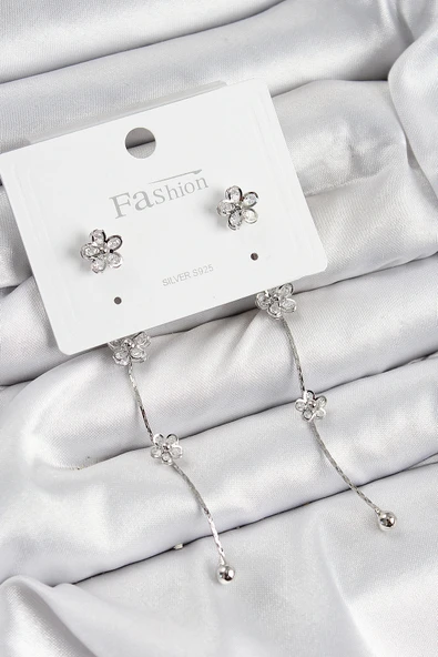 HEYF Pirinç Zirkon Taşlı Sallantılı Çiçek Model Gümüş Renk 925 Ayar Gümüş Çivi Kadın Küpe ürün görseli 1