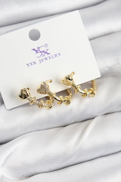 HEYF Pirinç Zİrkon Taşlı Kalp Model Gold Renk 3'lü Kadın Küpe ürün görseli 1