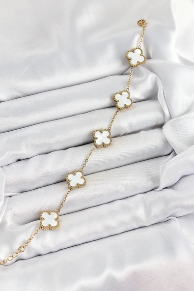 HEYF 316L Çelik Beyaz Sedef Yonca Model Gold Renk Kadın Bileklik - Resim 2