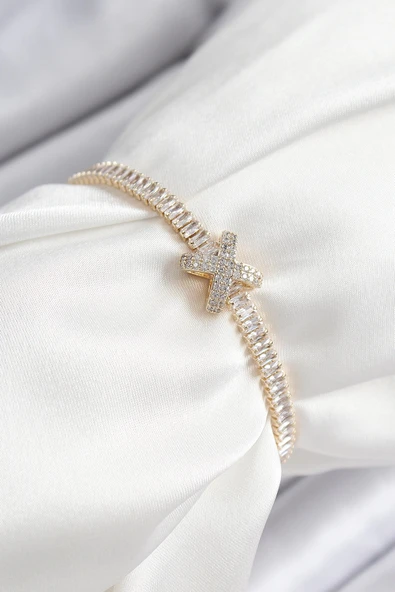 HEYF Pirinç Zirkon Taşlı X Detaylı Su Yolu Model Gold Renk Asansörlü Kadın Bileklik ürün görseli 1