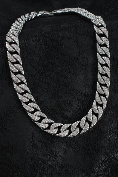 HEYF Pirinç Zirkon Taşlı Cuba Gurmet Model Gümüş Renk Erkek Kolye ürün görseli 1