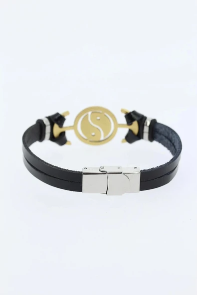 HEYF Gold Renk Yin Yang Figürlü Metal Aksesuarlı Siyah Renk Deri Erkek Bileklik - Resim 2