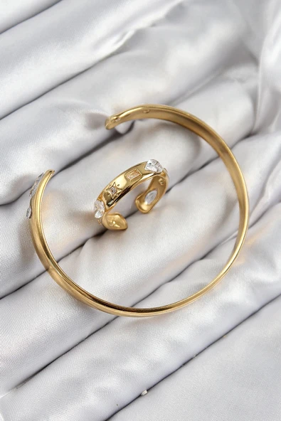 HEYF Pirinç Zirkon Taşlı Ayrık Model Gold Renk Bileklik Yüzük Set - Resim 2