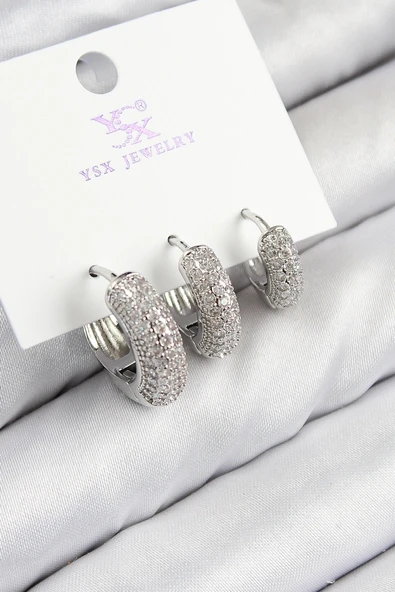 HEYF Pirinç Zirkon Taşlı 3'lü Halka Model Gümüş Renk Kadın Küpe ürün görseli 1