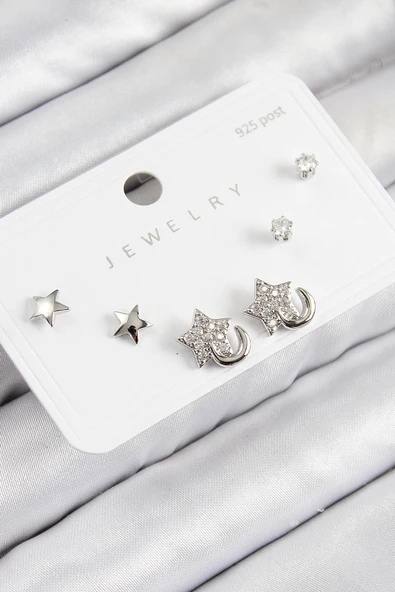 HEYF Pirinç Zirkon Taşlı Yıldız Model Gümüş Renk 925 Ayar Gümüş Çivi Kadın Küpe Set ürün görseli 1