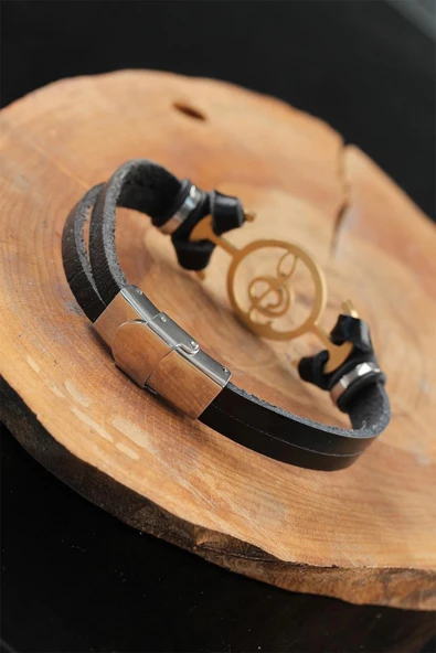 HEYF Gold Renk Metal Sol Anahtarlı Tasarım Siyah Renk Deri Erkek Bileklik - Resim 2