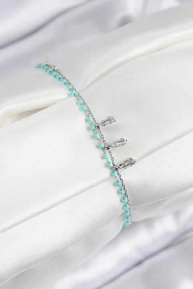 HEYF Pirinç Zirkon Taşlı Mavi Boncuklu Model Gümüş Renk Kadın Bileklik ürün görseli 1