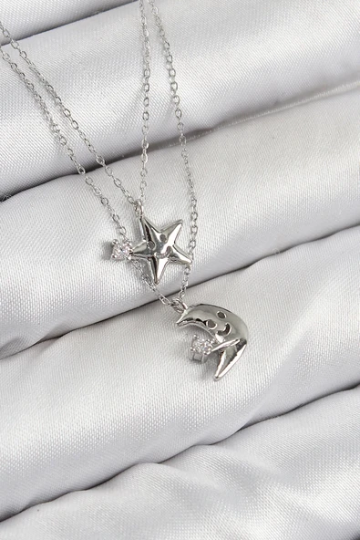 HEYF Pirinç Zirkon Taşlı Yıldız Ve Ay Model Gümüş Renk Kadın Kolye ürün görseli 1