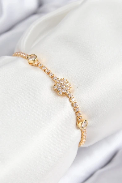 HEYF Pirinç Zirkon Taşlı Kar Tanesi Model Gold Renk Asansörlü Kadın Bileklik ürün görseli 1