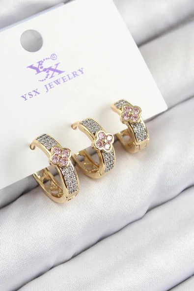 HEYF Pirinç Zirkon Taşlı 3'lü Halka Yonca Model Gold Ve Gümüş Renk Kadın Küpe ürün görseli 1