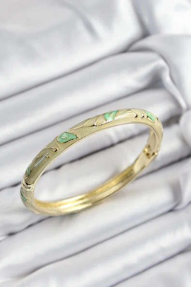 HEYF Mineli Pirinç Yeşil Yaprak Motifli Gold Renk Kadın Kelepçe ürün görseli 1