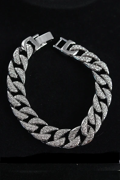 HEYF Pirinç Zirkon Taşlı Cuba Gurmet Model Gümüş Renk Erkek Bileklik ürün görseli 1