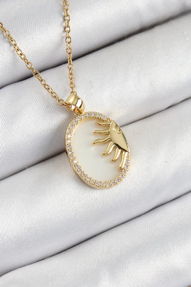 HEYF 316L Çelik Zirkon Taşlı Yarım Güneş Model Gold Renk Kadın Kolye ürün görseli 1