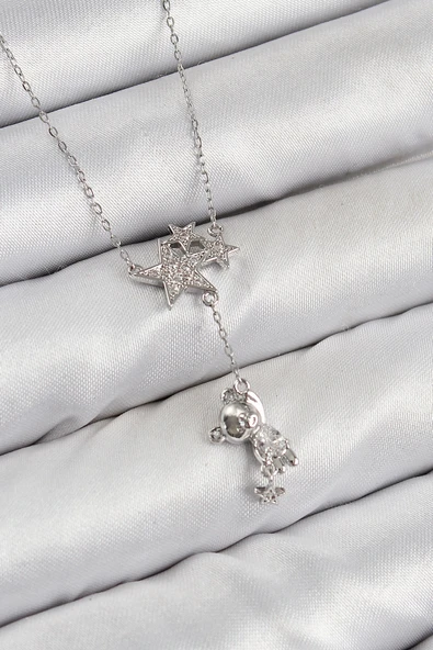 HEYF Pirinç Zirkon Taşlı Sallantılı Ayıcıklı Yıldız Model Gümüş Renk Kadın Kolye ürün görseli 1