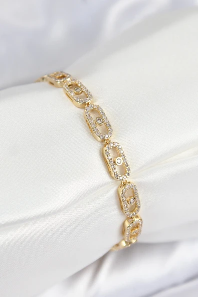 HEYF Pirinç Zirkon Taşlı Messika Model Gold Renk VIP Seri Kadın Bileklik ürün görseli 1