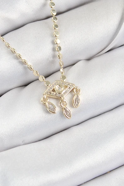 HEYF Pirinç Zirkon Taşlı Sallantılı Göz Model Ezme Zincir Gold Renk Kadın Kolye ürün görseli 1