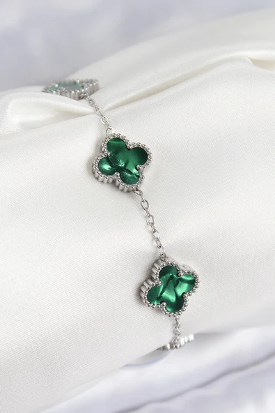 HEYF 316L Çelik Sedefli Zümrüt Yeşil Gümüş Renk Yonca Kadın Bileklik ürün görseli 1