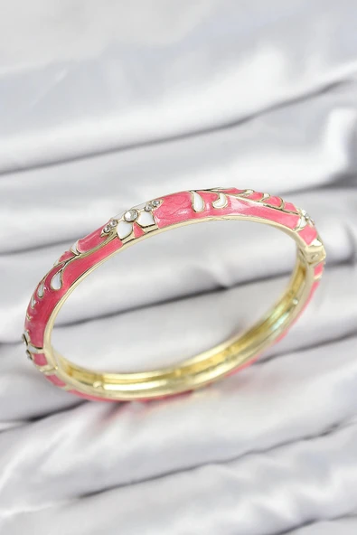 HEYF Mineli Pirinç Zirkon Taşlı Pembe Çiçek Motifli Gold Kadın Kelepçe ürün görseli 1