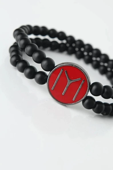 HEYF Bordo Renkli Metal Üzerine Füme Kayı Boyu Figürlü Siyah Renk Çift Sıra Doğal Taş Erkek Bileklik - Resim 2