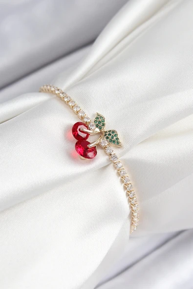 HEYF Pirinç Zirkon Taşlı Kiraz Model Gold Renk Asansörlü Kadın Bileklik ürün görseli 1