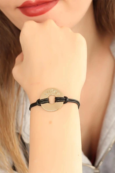 HEYF LUCKY (Şanslı) Siyah Deri İpli Unisex Mood Bileklik ürün görseli 1