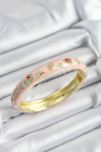 HEYF Mineli Pirinç Pembe Çiçek Motifli Gold Renk Kadın Kelepçe ürün görseli 1