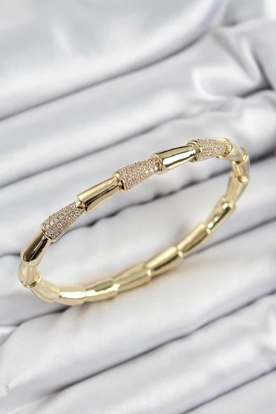 HEYF Pirinç Zirkon Taşlı Kemik Model Gold Renk Vip Kadın Bileklik ürün görseli 1