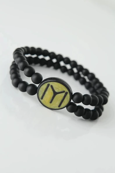HEYF Sarı Renkli Metal Üzerine Siyah Kayı Boyu Figürlü Siyah Renk Çift Sıra Doğal Taş Erkek Bileklik ürün görseli 1