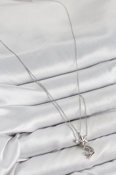 HEYF Pirinç Zirkon Taşlı Yıldız Ve Ay Model Gümüş Renk Kadın Kolye - Resim 2