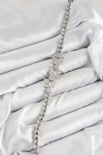 HEYF Pirinç Zirkon Taşlı Kelebek Model Gümüş Renk Kadın Bileklik - Resim 2