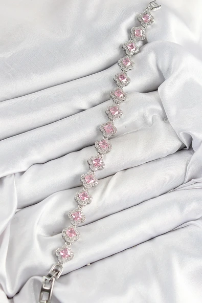 HEYF Pirinç Zirkon Taşlı Pembe Yonca Baget Model Gümüş Renk VIP Seri Kadın Bileklik - Resim 2