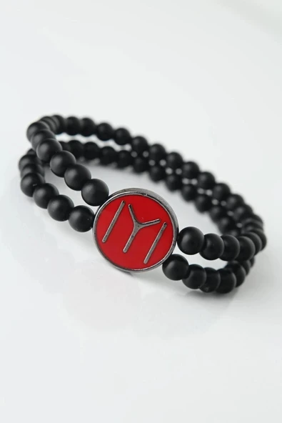 HEYF Bordo Renkli Metal Üzerine Füme Kayı Boyu Figürlü Siyah Renk Çift Sıra Doğal Taş Erkek Bileklik ürün görseli 1