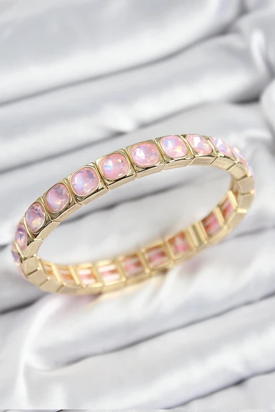 HEYF Pirinç Pembe Zirkon Taşlı Kare Model Gold Renk Lastikli Kadın Bileklik ürün görseli 1