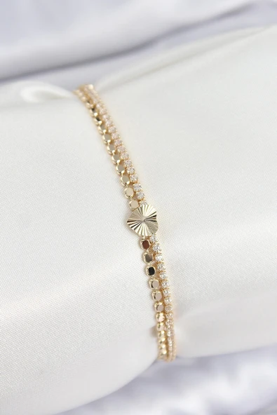 HEYF Pirinç Zirkon Taşlı Ezme Zincirli Kalp Model Gold Renk Kadın Bilekilk ürün görseli 1